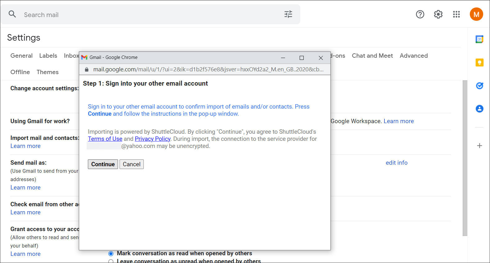Press Continue to import mail from Yahoo to Gmail